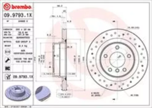 Тормозной диск BREMBO 09.9793.1X вентилируемый, перфорированный задняя ось