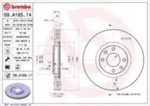 Тормозной диск BREMBO 09.A185.14 вентилируемый передняя ось задняя ось