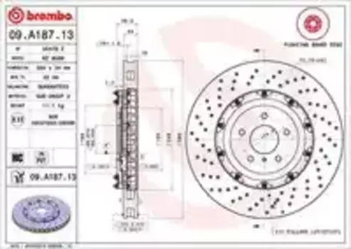 Тормозной диск BREMBO 09.A187.13 вентилируемый, перфорированный передняя ось
