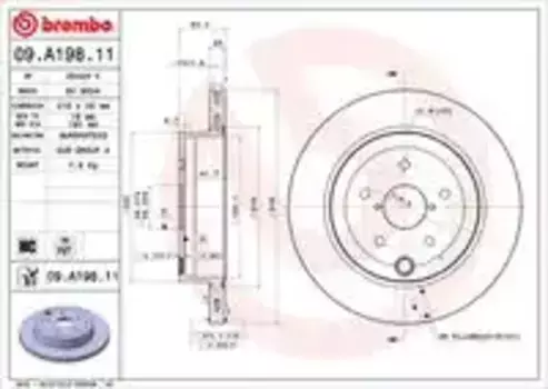 Тормозной диск BREMBO 09.A198.11 вентилируемый задняя ось