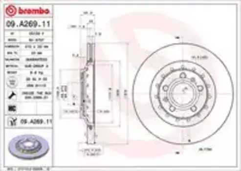 Тормозной диск BREMBO 09.A269.11 вентилируемый задняя ось