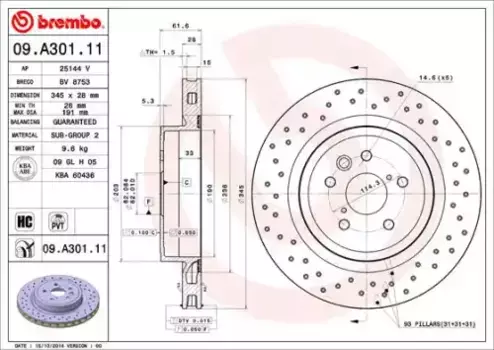 Тормозной диск BREMBO 09.A301.11 вентилируемый, перфорированный задняя ось