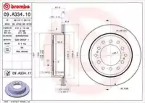 Тормозной диск BREMBO 09.A334.11 вентилируемый задняя ось