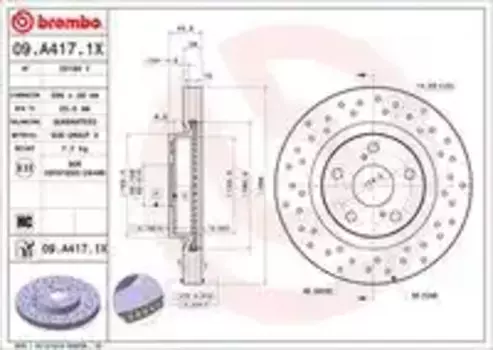 Тормозной диск BREMBO 09.A417.1X вентилируемый, перфорированный передняя ось
