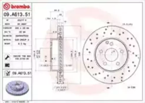 Тормозной диск BREMBO 09.A613.51 вентилируемый, перфорированный передняя ось