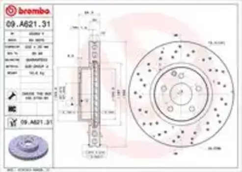 Тормозной диск BREMBO 09.A621.31 вентилируемый, перфорированный передний мост