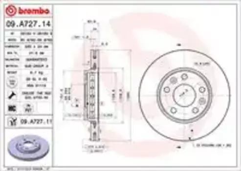 Тормозной диск BREMBO 09.A727.11 вентилируемый передняя ось