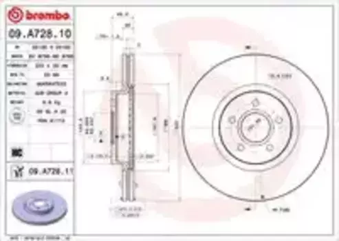 Тормозной диск BREMBO 09.A728.11 вентилируемый передняя ось