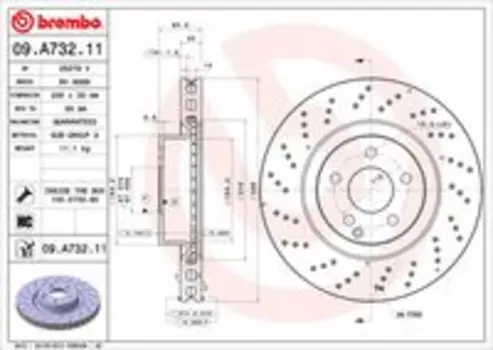 Тормозной диск BREMBO 09.A732.11 вентилируемый, перфорированный передний мост