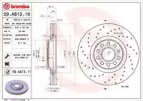 Тормозной диск BREMBO 09.A813.11 вентилируемый, перфорированный передняя ось