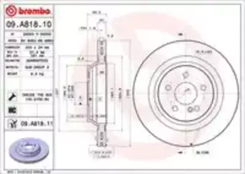Тормозной диск BREMBO 09.A818.11 вентилируемый задняя ось