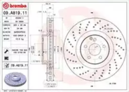 Тормозной диск BREMBO 09.A819.11 вентилируемый, перфорированный передний мост