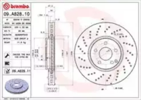 Тормозной диск BREMBO 09.A828.11 вентилируемый, перфорированный передняя ось