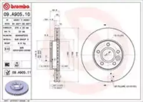 Тормозной диск BREMBO 09.A905.10 вентилируемый передняя ось