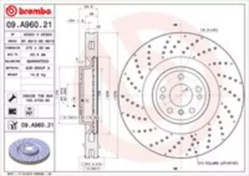 Тормозной диск BREMBO 09.A960.21 вентилируемый, перфорированный передняя ось