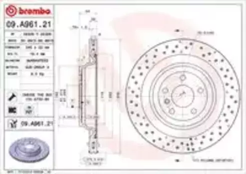 Тормозной диск BREMBO 09.A961.21 вентилируемый, перфорированный задняя ось