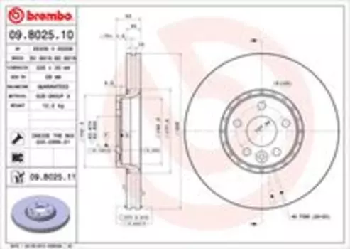 Тормозной диск BREMBO 09.B025.11 вентилируемый передний мост