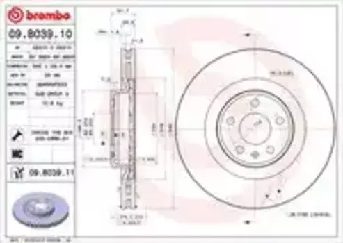 Тормозной диск BREMBO 09.B039.11 вентилируемый передняя ось