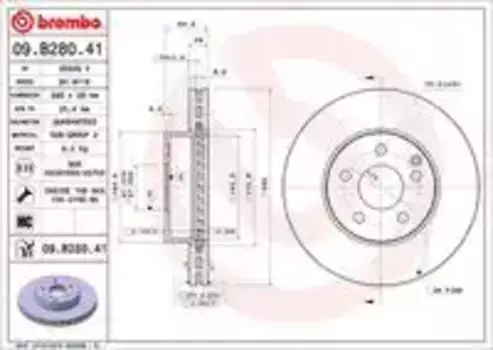Тормозной диск BREMBO 09.B280.41 вентилируемый передняя ось