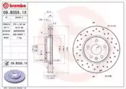 Тормозной диск BREMBO 09.B355.1X вентилируемый, перфорированный передняя ось