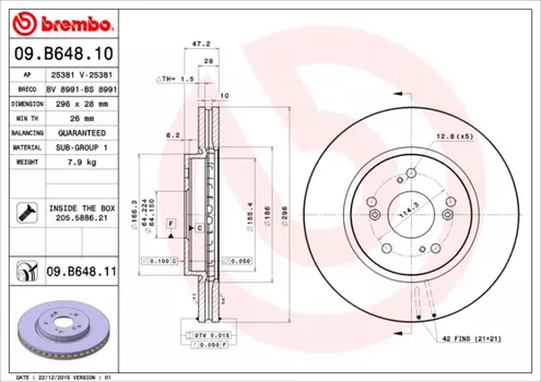 Тормозной диск BREMBO 09.B648.10 вентилируемый передняя ось