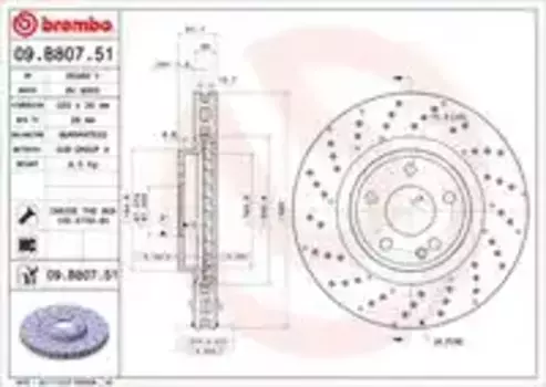 Тормозной диск BREMBO 09.B807.51 вентилируемый, перфорированный передняя ось