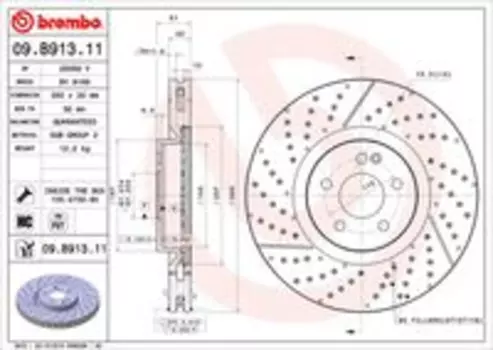 Тормозной диск BREMBO 09.B913.11 перфорированный, с прорезями передний мост