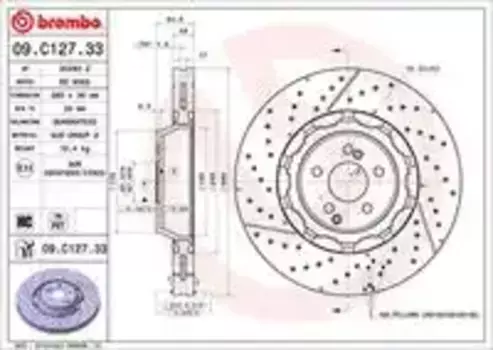 Тормозной диск BREMBO 09.C127.33 вентилируемый, перфорированный передняя ось