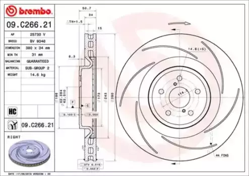 Тормозной диск BREMBO 09.C266.21 вентилируемый передняя ось справа
