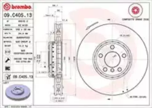 Тормозной диск BREMBO 09.C405.13 вентилируемый передняя ось слева