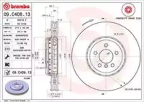 Тормозной диск BREMBO 09.C408.13 вентилируемый передняя ось справа