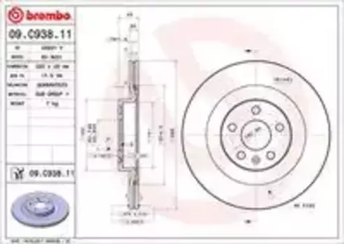 Тормозной диск BREMBO 09.C938.11 вентилируемый задняя ось