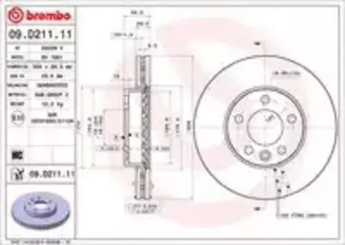 Тормозной диск BREMBO 09.D211.11 вентилируемый передняя ось