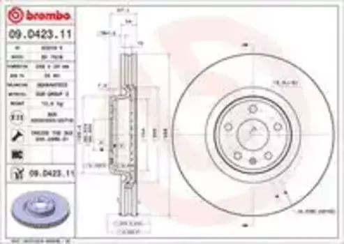Тормозной диск BREMBO 09.D423.11 вентилируемый передняя ось