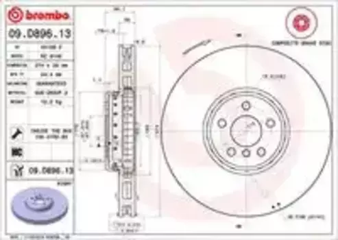 Тормозной диск BREMBO 09.D896.13 вентилируемый передняя ось справа