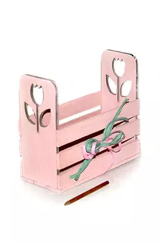 Коробка деревянная прямоугольная с резными ручками - тюльпан розовый 23х20х10 см