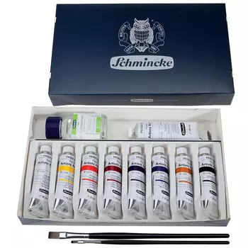 Набор акрила Schmincke "PRIMAcryl" 8 цв*35 мл+белила 60 мл, 2 кисти, в картонной упаковке