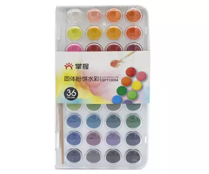 Набор акварели 36 цв, кювета, в пластиковой коробке, в комплекте кисть из синтетики