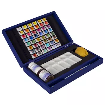 Набор акварели "Белые Ночи" 48 шт х 2,5 мл, 4 кисти, палитра, вспомогательные материалы, синее дерев