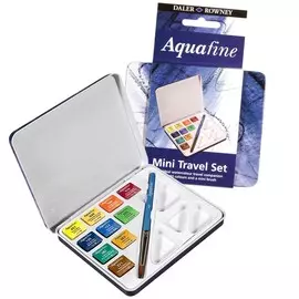Набор акварели дорожный Daler-Rowney "AQUAFINE" 10 цв. в кюветах, 1 кисть, 1 палитры, в металле