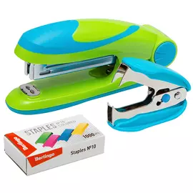 Набор Berlingo "Fuze" степлер №10 до 15 л., зеленый; антистеплер; скобы №10; блистер