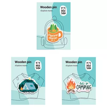 Набор деревянных значков MESHU "Explore more", каширование, 3 шт