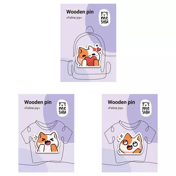 Набор деревянных значков MESHU "Feline joy", каширование, 3 шт