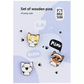 Набор деревянных значков MESHU "Funny cat", прямая УФ-печать, 3шт.