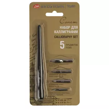 Набор для каллиграфии "Сонет", 4 остроконечных пера, прямой деревянный держатель, блистер