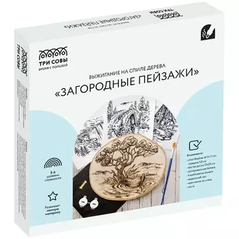 Набор для выжигания на спиле дерева ТРИ СОВЫ "Загородные пейзажи", диаметр 15см, картонная коробка