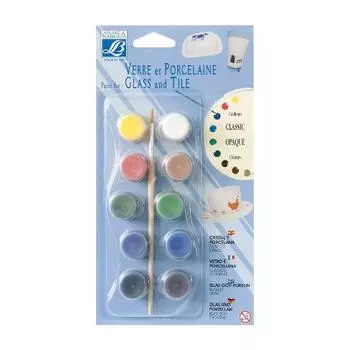 Набор красок по стеклу Lefranc&amp;Bourgeois "Glass&amp;Tile" (обжиг) 10х4 мл +кисть в блистере Classic