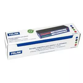 Набор маркеров для белой доски MILAN круглый наконечник 4 цв + губка-держатель магнитная в картоне