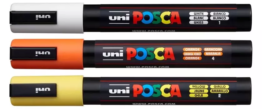 Набор маркеров POSCA PC-5M, 3 шт, белый/желтый/оранжевый, в блистере