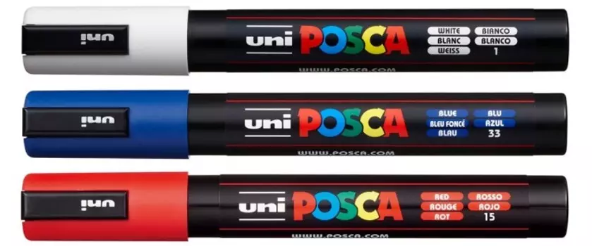 Набор маркеров POSCA PC-5M, 3 шт, белый/синий/красный, в блистере